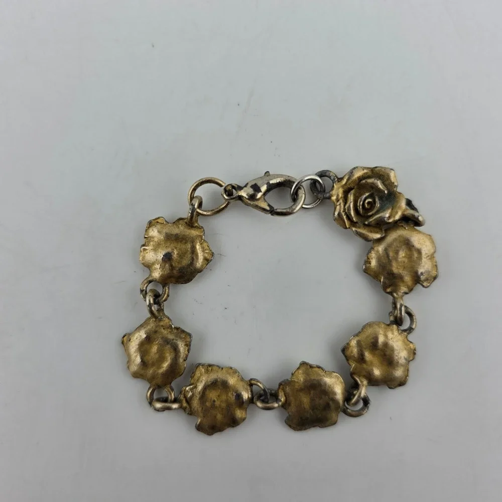 Express Rose Floral Link Kids Bracelet Antique Style Gold Tone FAIR Cottagecore